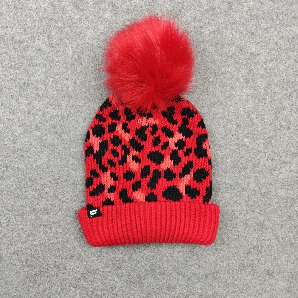 Fabletics Hat Beanie Faux Fur Pom One Size Womens Red Leopard Print Knit